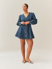Denim Dark Blue Fuller Bust Fit and Flare Long Sleeve Seamed Mini Dress - Image 1 of 5