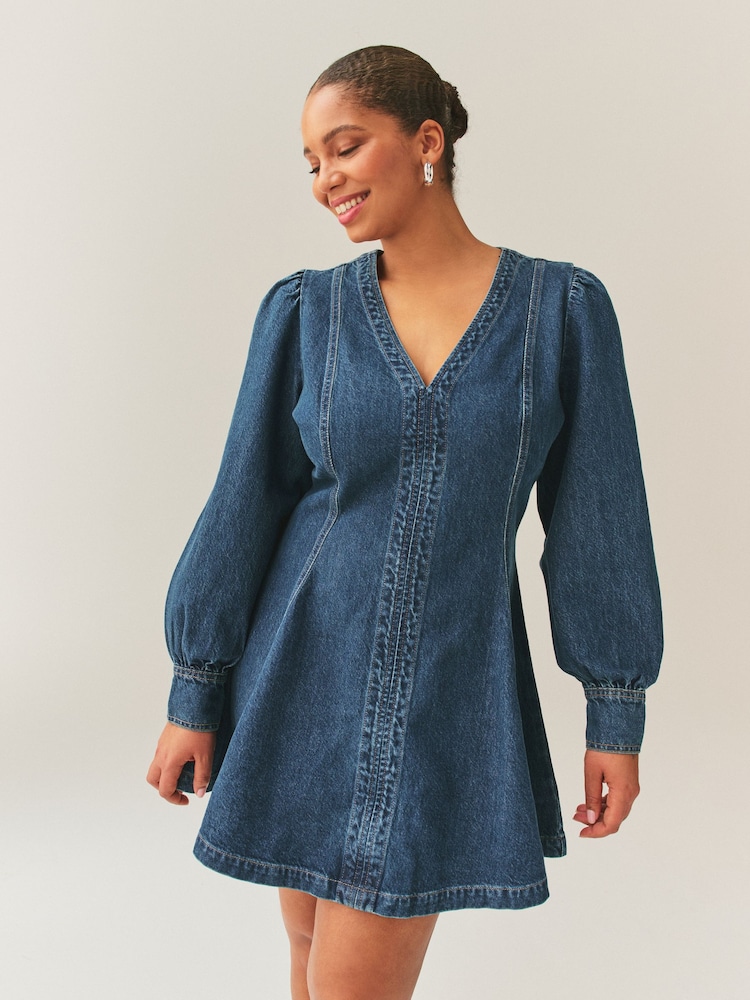 Denim Dark Blue Fuller Bust Fit and Flare Long Sleeve Seamed Mini Dress - Image 2 of 5