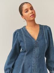 Denim Dark Blue Fuller Bust Fit and Flare Long Sleeve Seamed Mini Dress - Image 4 of 5