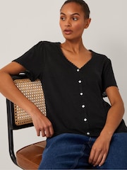 Monsoon Black Imogen Button Front Linen T-Shirt - Image 1 of 5