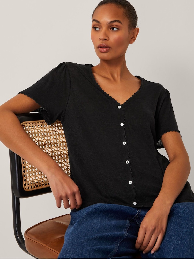 Monsoon Black Imogen Button Front Linen T-Shirt - Image 1 of 5