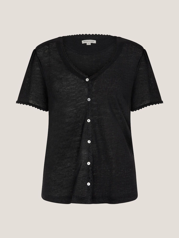 Monsoon Black Imogen Button Front Linen T-Shirt - Image 5 of 5