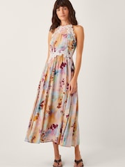 Monsoon Natural Mia Floral Print Embroidered Halter Midi Dress - Image 1 of 5
