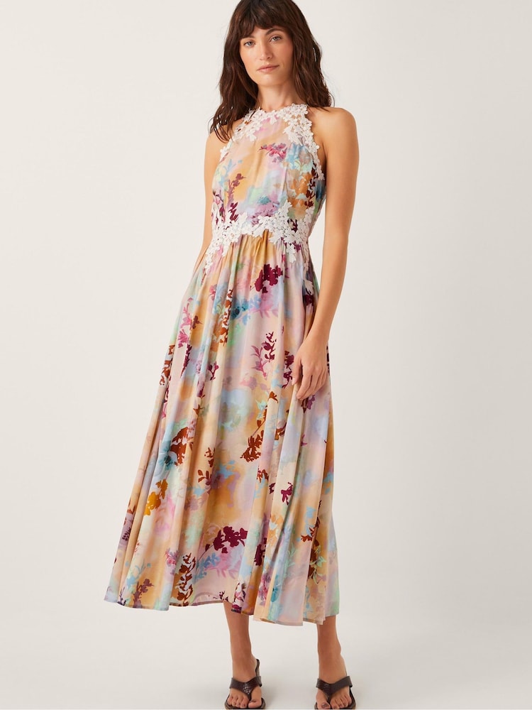 Monsoon Natural Mia Floral Print Embroidered Halter Midi Dress - Image 1 of 5
