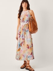 Monsoon Natural Mia Floral Print Embroidered Halter Midi Dress - Image 5 of 5