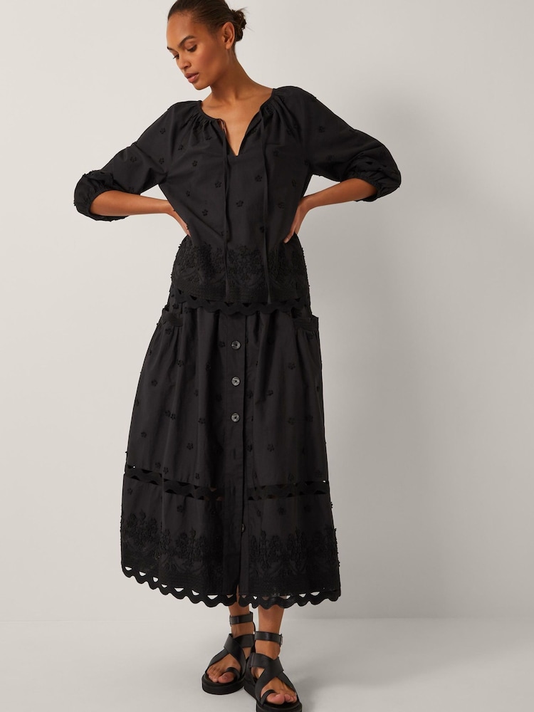 Monsoon Black Esme Floral Print Appliqué Midi Skirt - Image 2 of 5