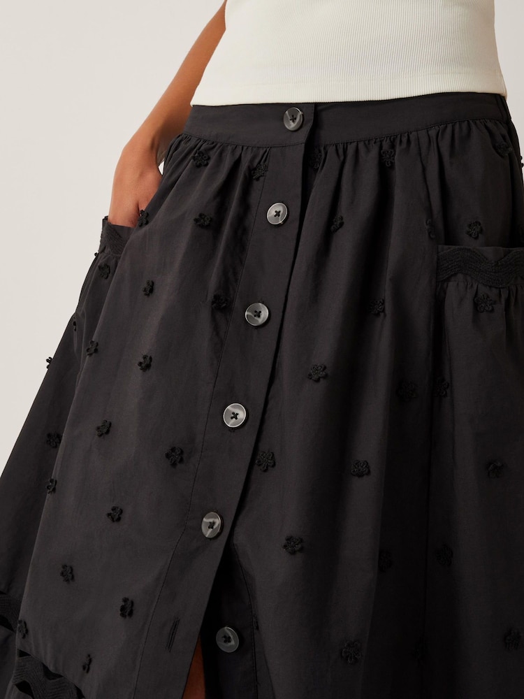 Monsoon Black Esme Floral Print Appliqué Midi Skirt - Image 5 of 5