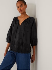 Monsoon Black Esme Floral Print Appliqué 3/4 Sleeve Top - Image 1 of 5