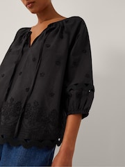 Monsoon Black Esme Floral Print Appliqué 3/4 Sleeve Top - Image 2 of 5