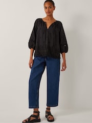 Monsoon Black Esme Floral Print Appliqué 3/4 Sleeve Top - Image 4 of 5