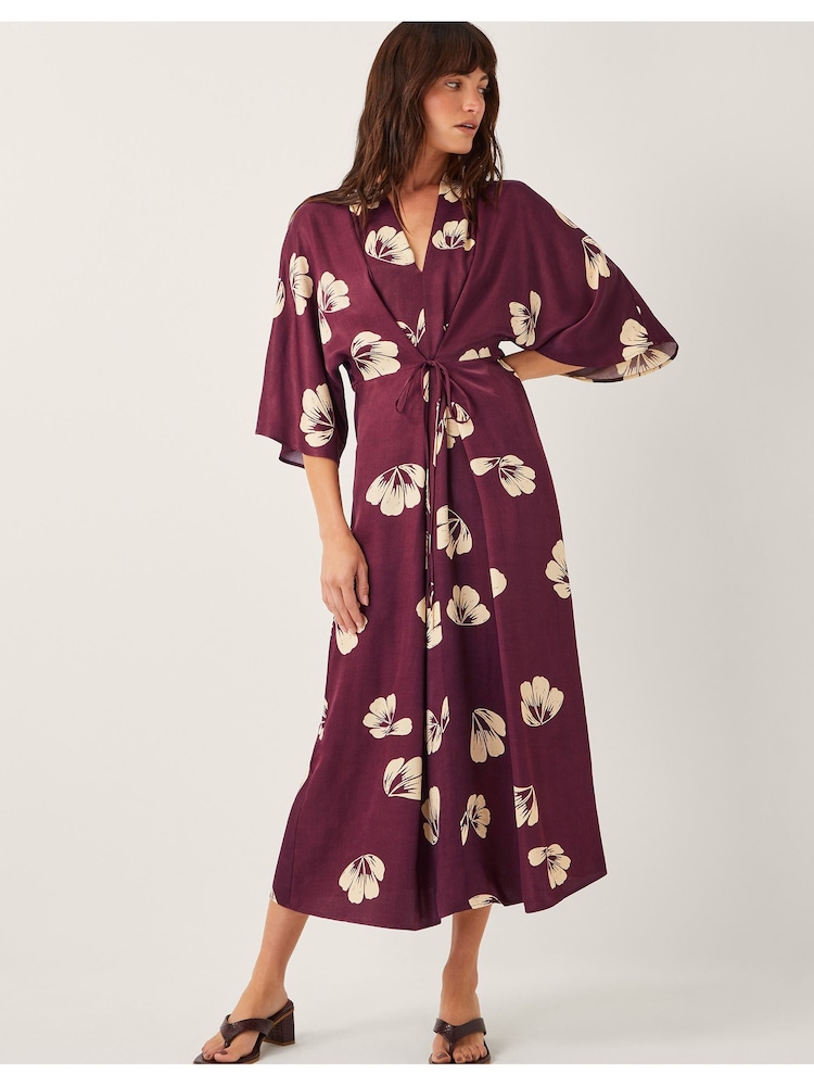 Monsoon Purple Roz Floral Print Wrap Midi Dress - Image 1 of 5