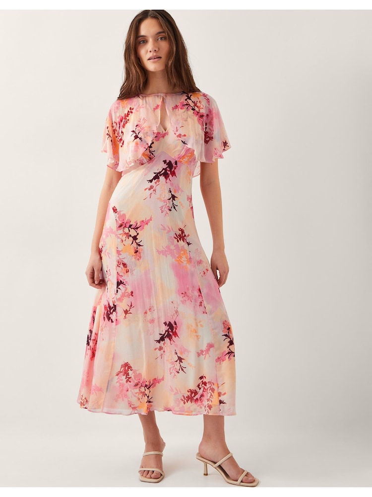 Monsoon Pink Mia Floral Print Cape Midi Dress - Image 1 of 5 Monsoon Pink Mia Floral Print Cape Midi Dress - Image 1 of 5