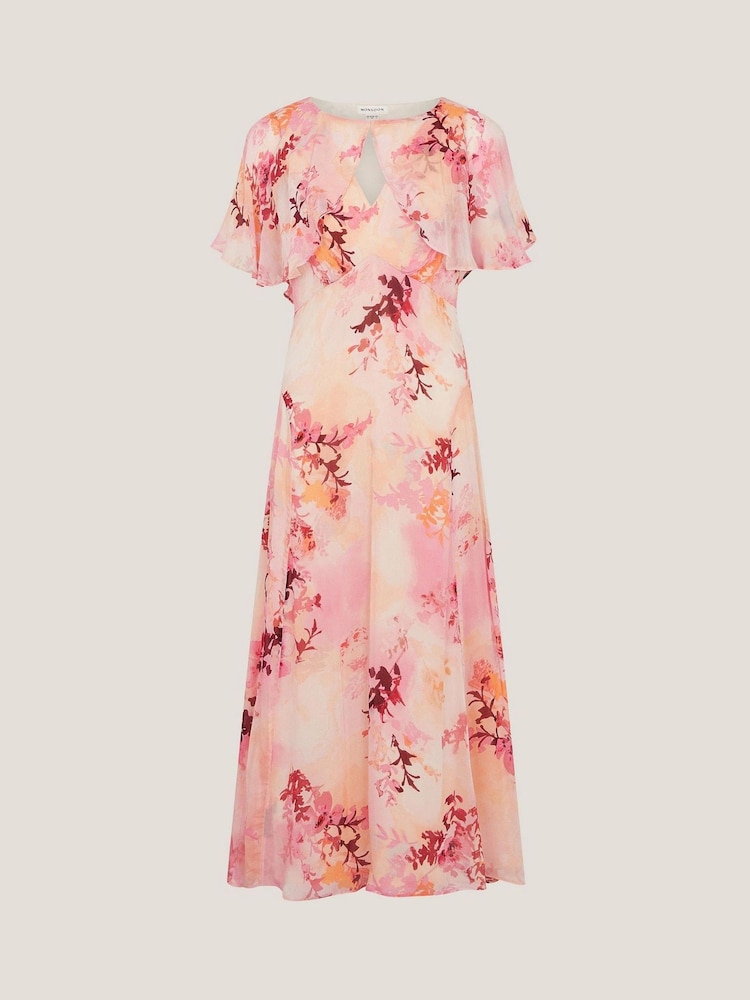 Monsoon Pink Mia Floral Print Cape Midi Dress - Image 5 of 5