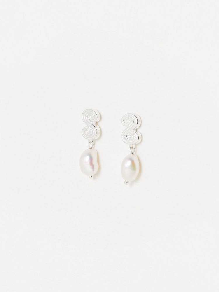 Oliver Bonas Silver Tone Clodagh Swirl Pearl Drop Earrings - Image 1 of 5