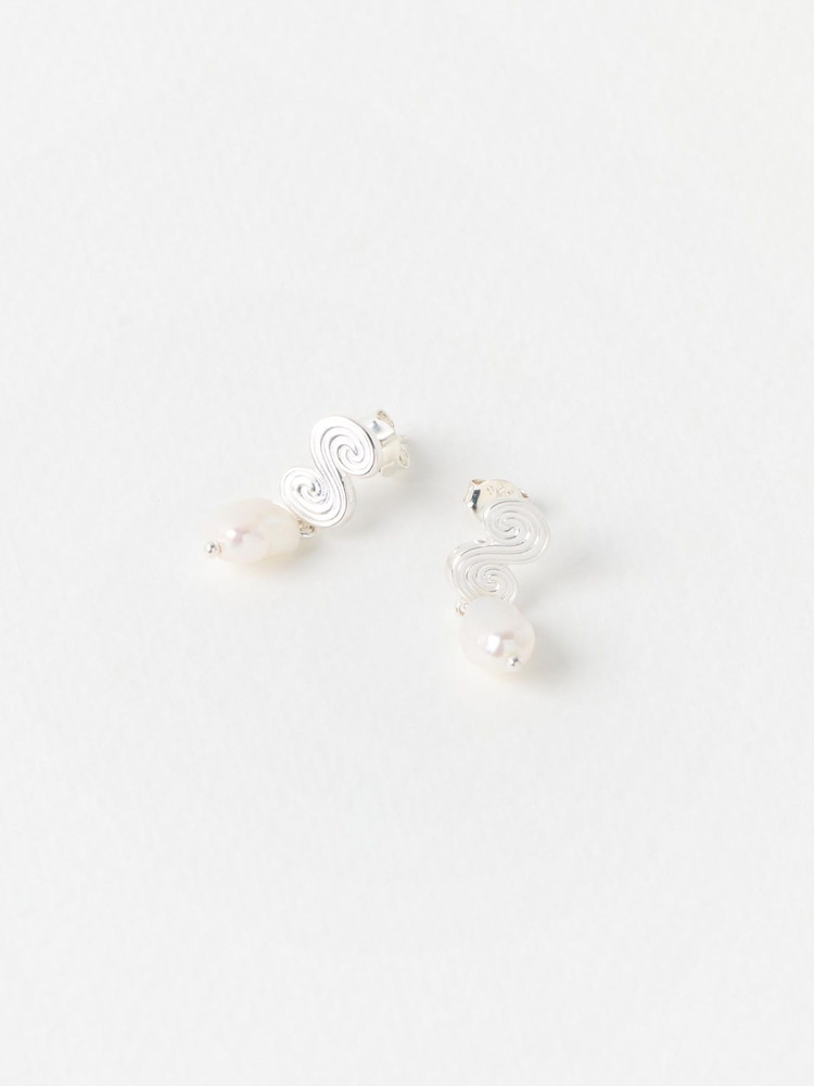 Oliver Bonas Silver Tone Clodagh Swirl Pearl Drop Earrings - Image 2 of 5