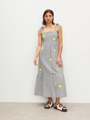 Oliver Bonas Black Gingham Lemon Embroidered Tiered Midi Dress - Image 1 of 7