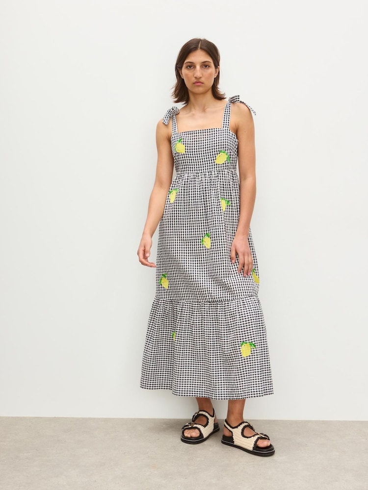 Oliver Bonas Black Gingham Lemon Embroidered Tiered Midi Dress - Image 1 of 7