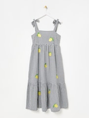 Oliver Bonas Black Gingham Lemon Embroidered Tiered Midi Dress - Image 3 of 7