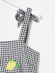 Oliver Bonas Black Gingham Lemon Embroidered Tiered Midi Dress - Image 6 of 7