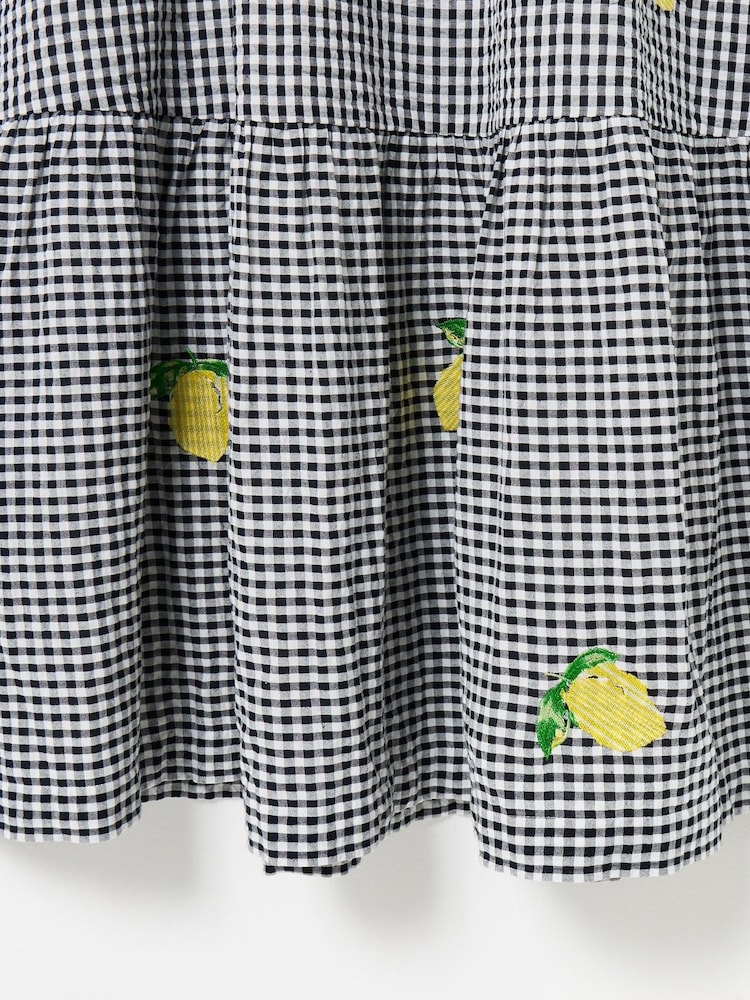 Oliver Bonas Black Gingham Lemon Embroidered Tiered Midi Dress - Image 7 of 7