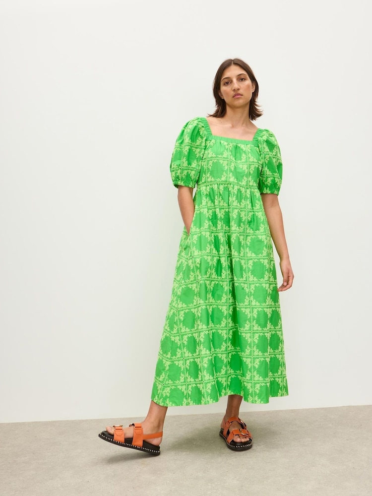 Oliver Bonas Floral Print Broderie Tile Puff Sleeve Midi Dress - Imagen 1 de 7