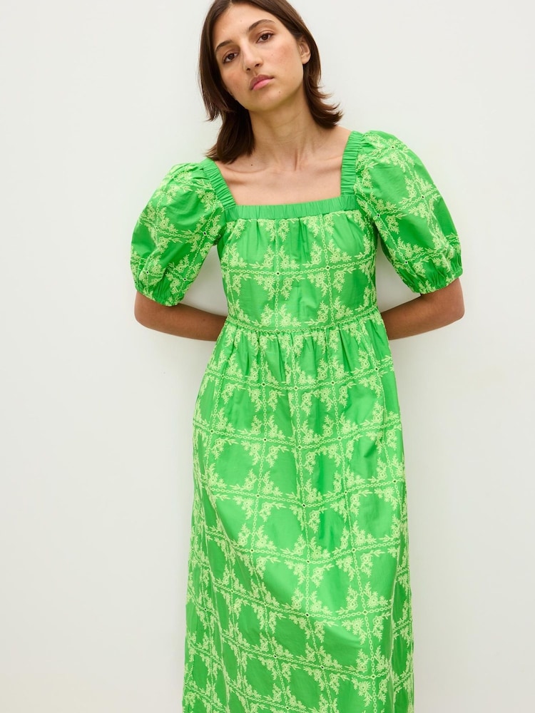 Oliver Bonas Floral Print Broderie Tile Puff Sleeve Midi Dress - Imagen 2 de 7