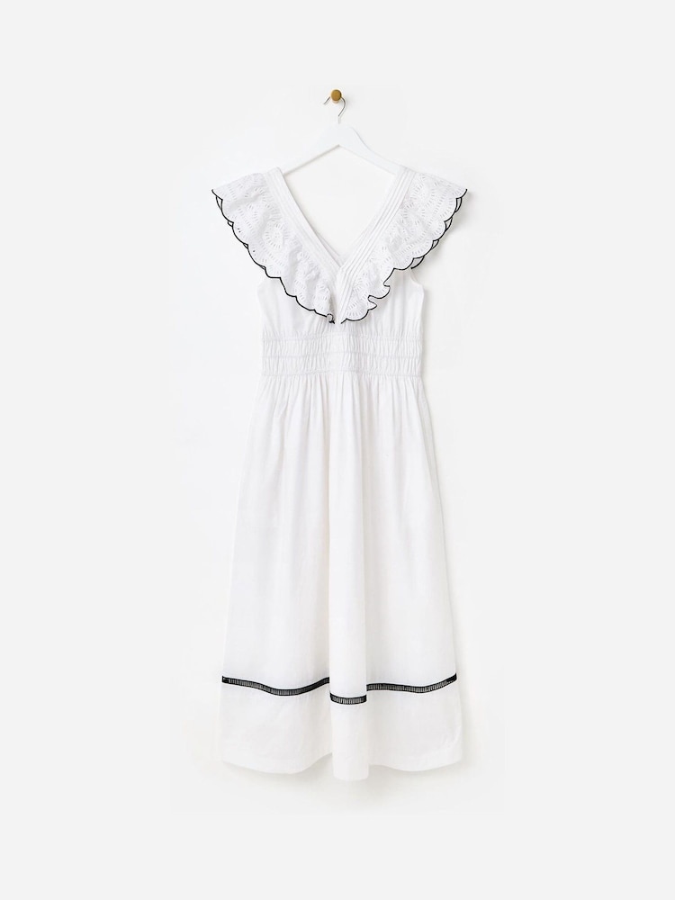 Oliver Bonas White & Black Broderie Frill V-Neck Midi Dress - Image 1 of 6