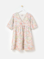 Oliver Bonas Pink Light Blue Denim Floral Print V-Neck Mini Dress - Image 1 of 6