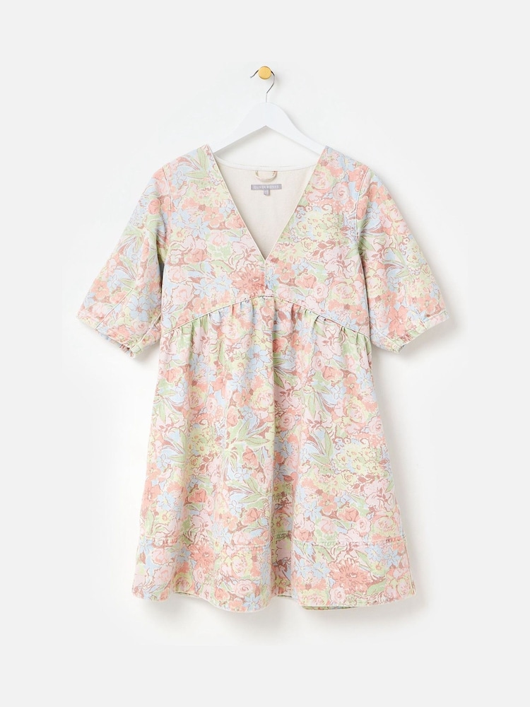 Oliver Bonas Pink Light Blue Denim Floral Print V-Neck Mini Dress - Image 1 of 6