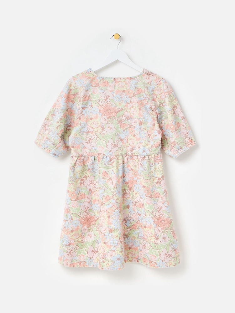Oliver Bonas Pink Light Blue Denim Floral Print V-Neck Mini Dress - Image 2 of 6