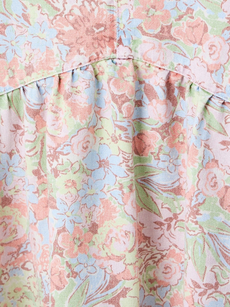 Oliver Bonas Pink Light Blue Denim Floral Print V-Neck Mini Dress - Image 6 of 6