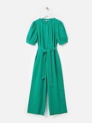 Oliver Bonas Green Puff Sleeve Tie Waist Jumpsuit - Image 1 of 6