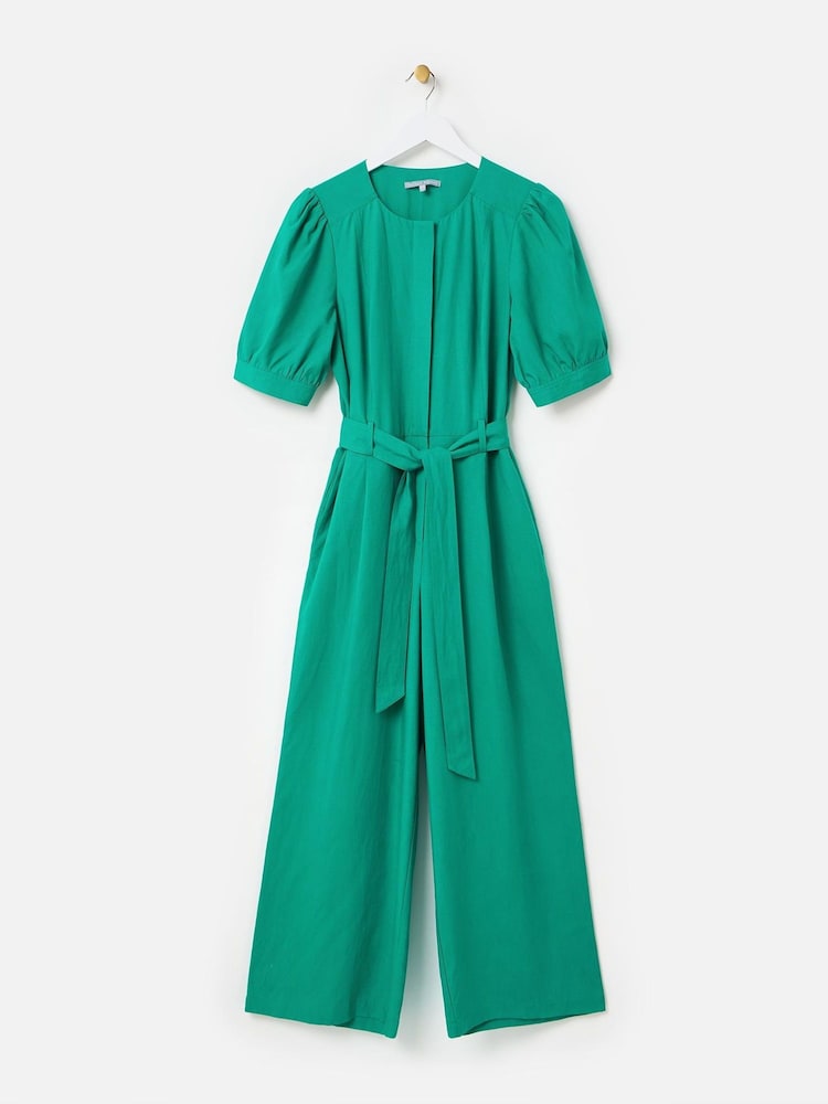 Oliver Bonas Green Puff Sleeve Tie Waist Jumpsuit - Image 1 of 6