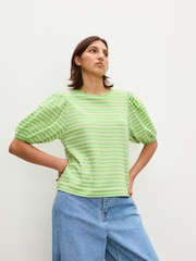 Oliver Bonas Green Striped Puff Sleeve T-Shirt - Image 1 of 7