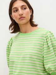 Oliver Bonas Green Striped Puff Sleeve T-Shirt - Image 2 of 7
