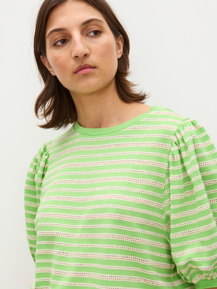 Oliver Bonas Green Striped Puff Sleeve T-Shirt - Image 2 of 7