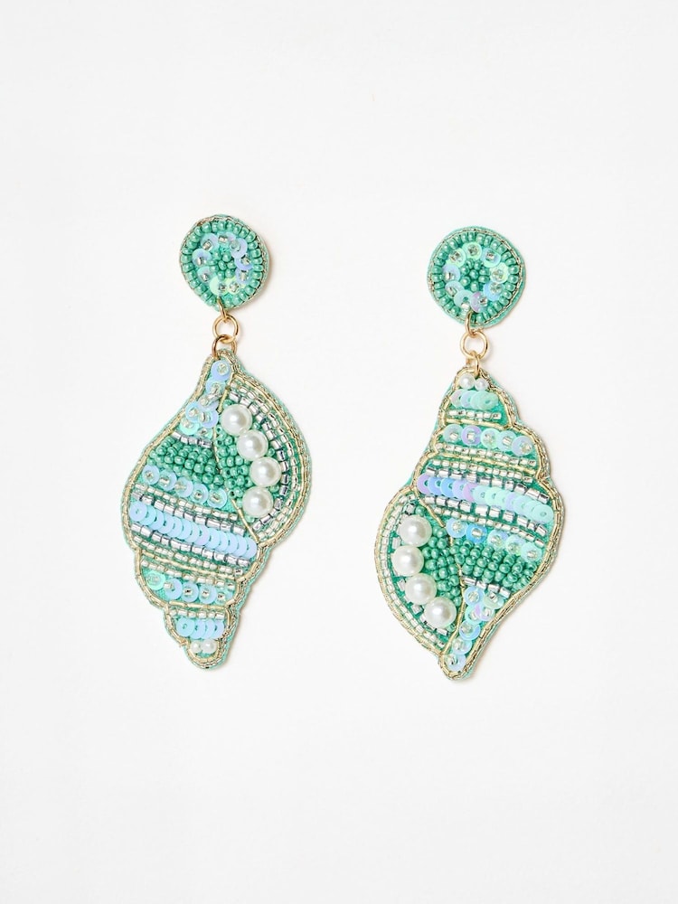 Oliver Bonas Blue Cerys Sequin Beaded Shell Statement Earrings - Image 1 of 5
