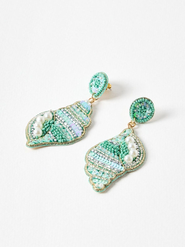 Oliver Bonas Blue Cerys Sequin Beaded Shell Statement Earrings - Image 2 of 5