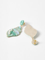 Oliver Bonas Blue Cerys Sequin Beaded Shell Statement Earrings - Image 3 of 5
