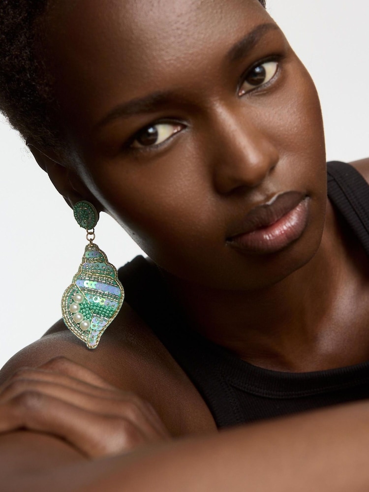 Oliver Bonas Blue Cerys Sequin Beaded Shell Statement Earrings - Image 5 of 5