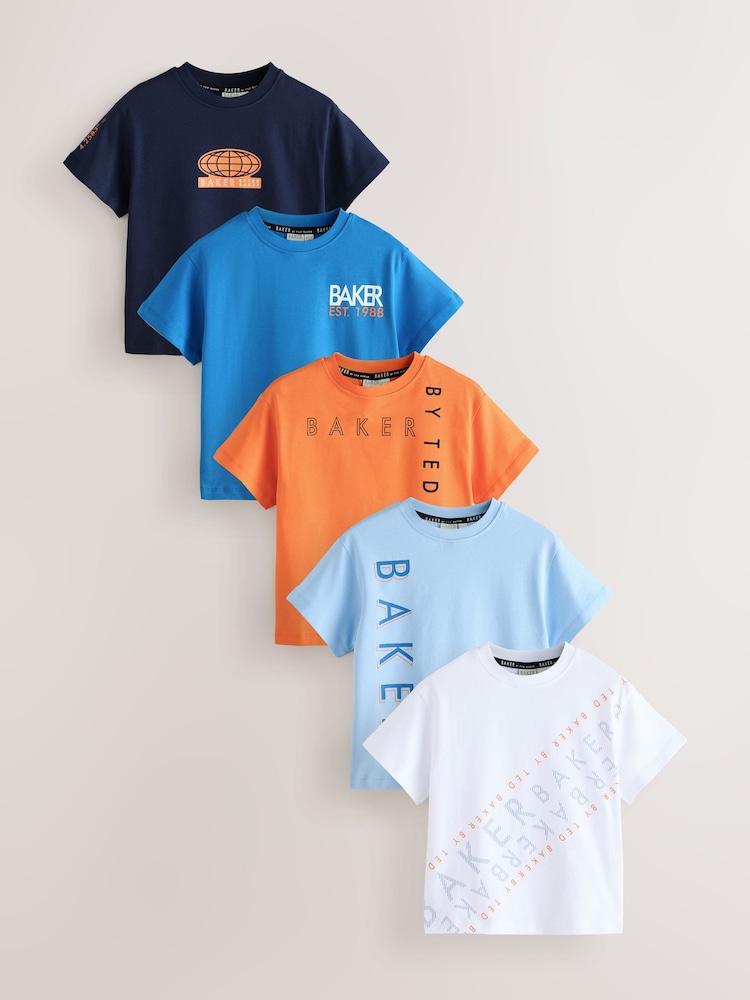 Baker by Ted Baker White/Orange/Blue/Navy Graphic Print T-Shirts 5 Pack - صورة 1 من 10 Baker by Ted Baker White/Orange/Blue/Navy Graphic Print T-Shirts 5 Pack - صورة 1 من 10