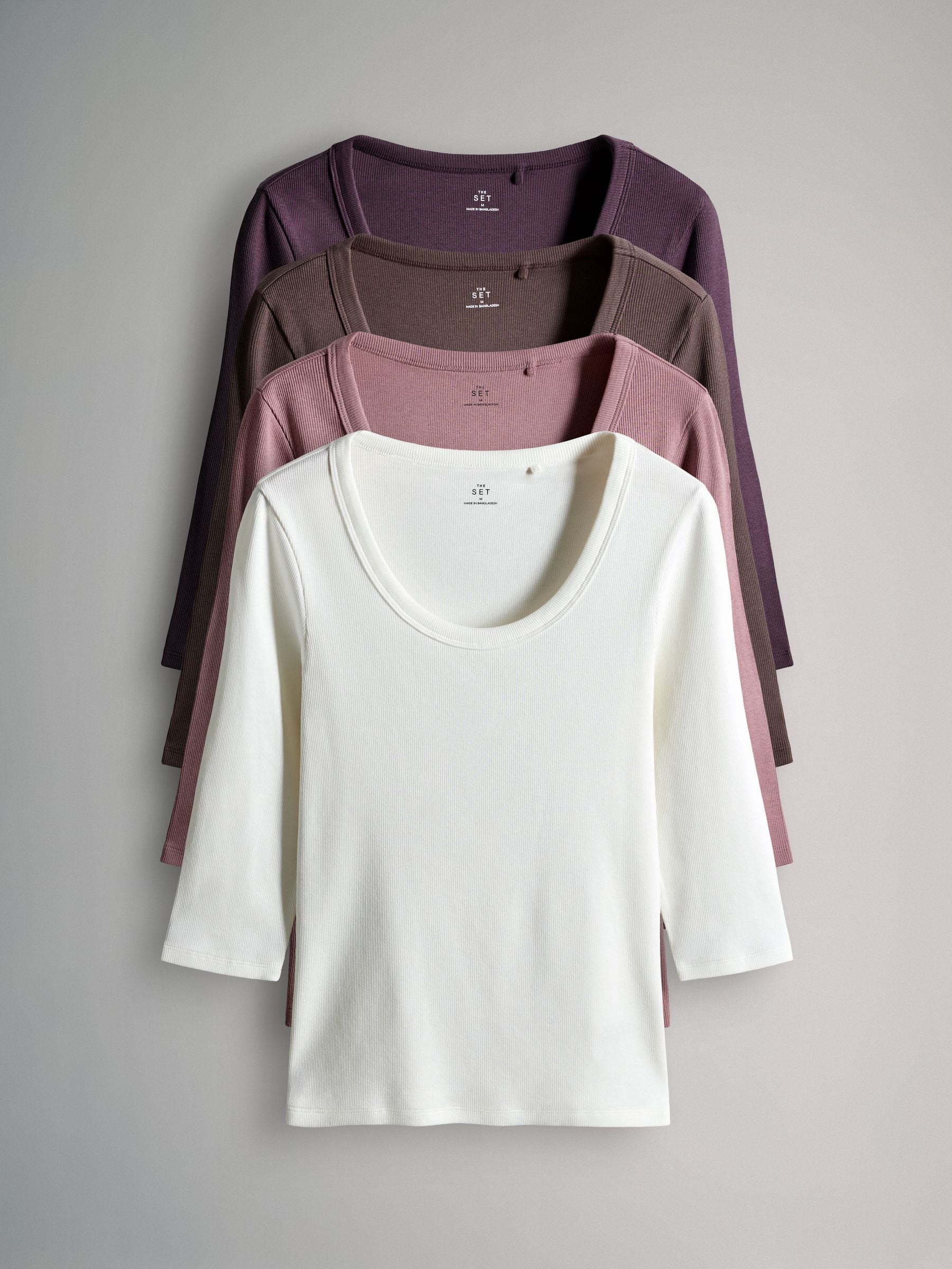 Buy The Set 4 Pack Scoop Neck 3/4 Sleeve Ribbed T-Shirts Brown