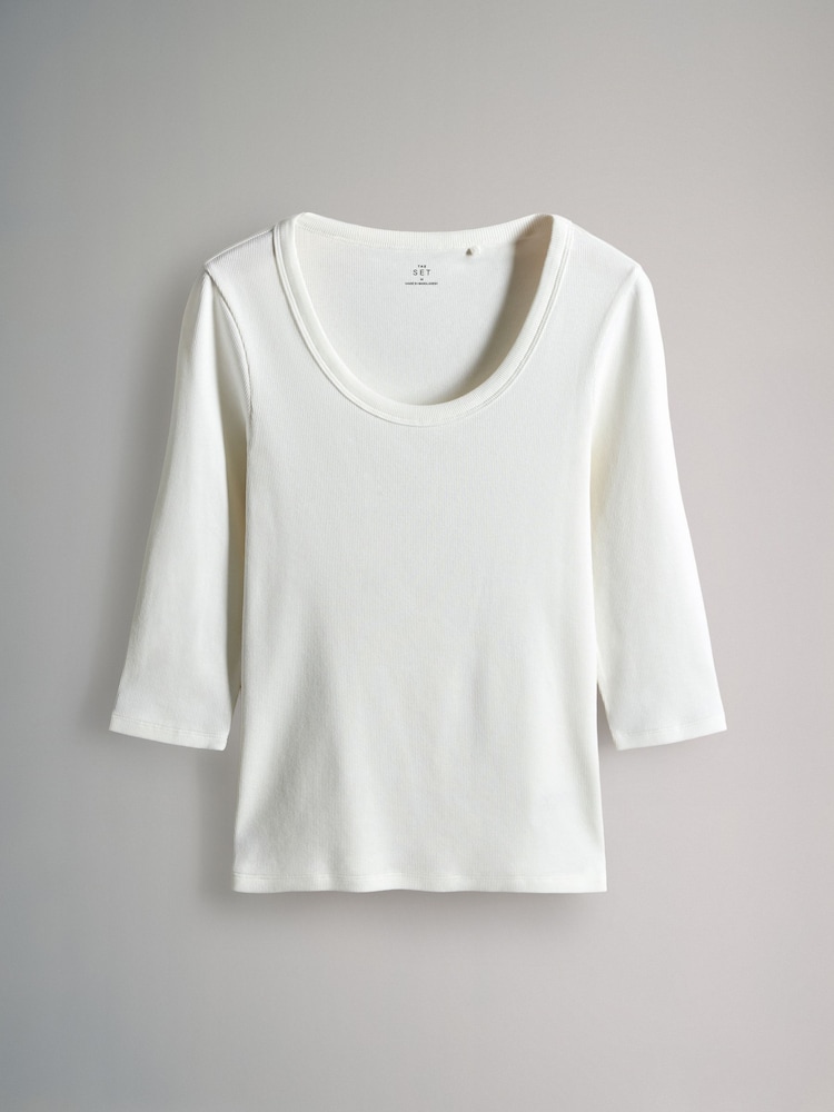 The Set Brown/Purple/Pink/White 4 Pack Scoop Neck 3/4 Sleeve Ribbed T-Shirts - Image 2 of 7