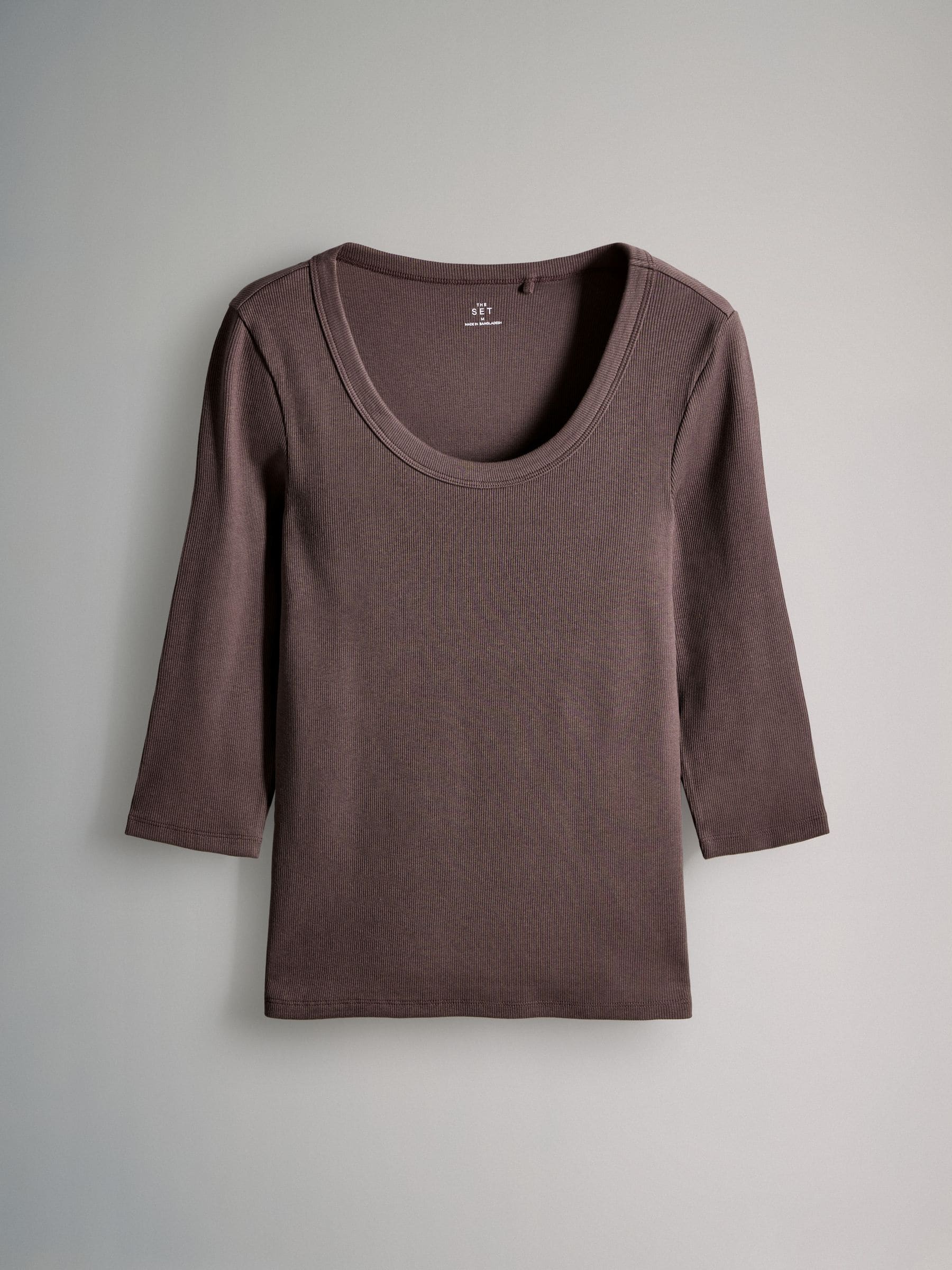 Buy The Set 4 Pack Scoop Neck 3/4 Sleeve Ribbed T-Shirts Brown