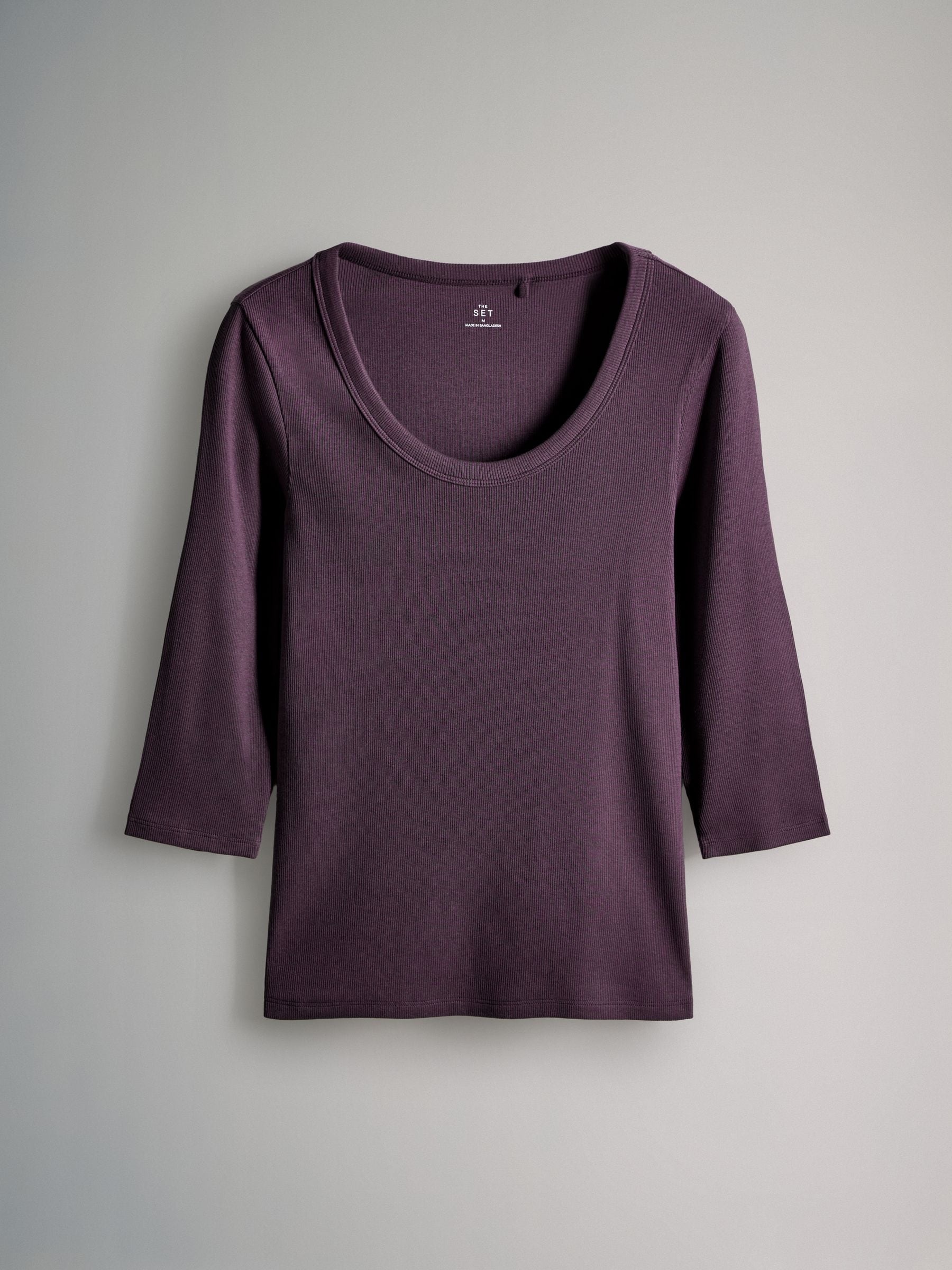 Buy The Set 4 Pack Scoop Neck 3/4 Sleeve Ribbed T-Shirts Brown