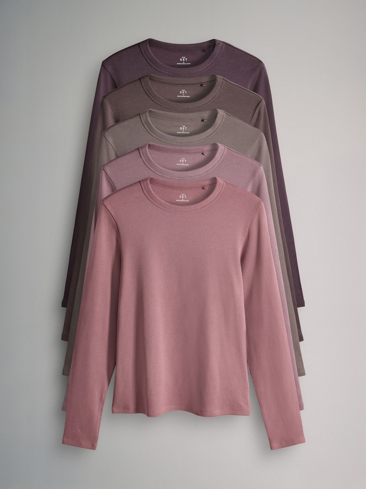 The Set Purple/Light Purple/Pink/Brown/Stripe/Brown Ribbed Long Sleeve T-Shirts 5 Pack - Image 1 of 8 The Set Purple/Light Purple/Pink/Brown/Stripe/Brown Ribbed Long Sleeve T-Shirts 5 Pack - Image 1 of 8