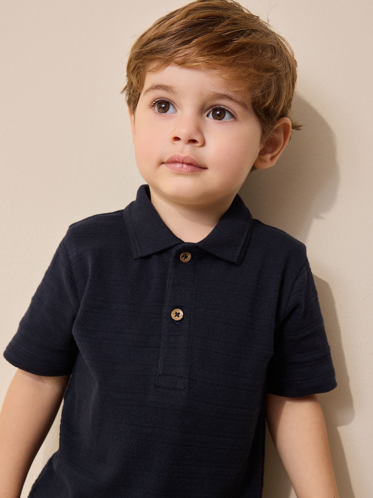 Navy Short Sleeve Textured Polo Shirt and Shorts Set (3mths-7yrs) - Image 2 of 3 Navy Short Sleeve Textured Polo Shirt and Shorts Set (3mths-7yrs) - Image 2 of 3