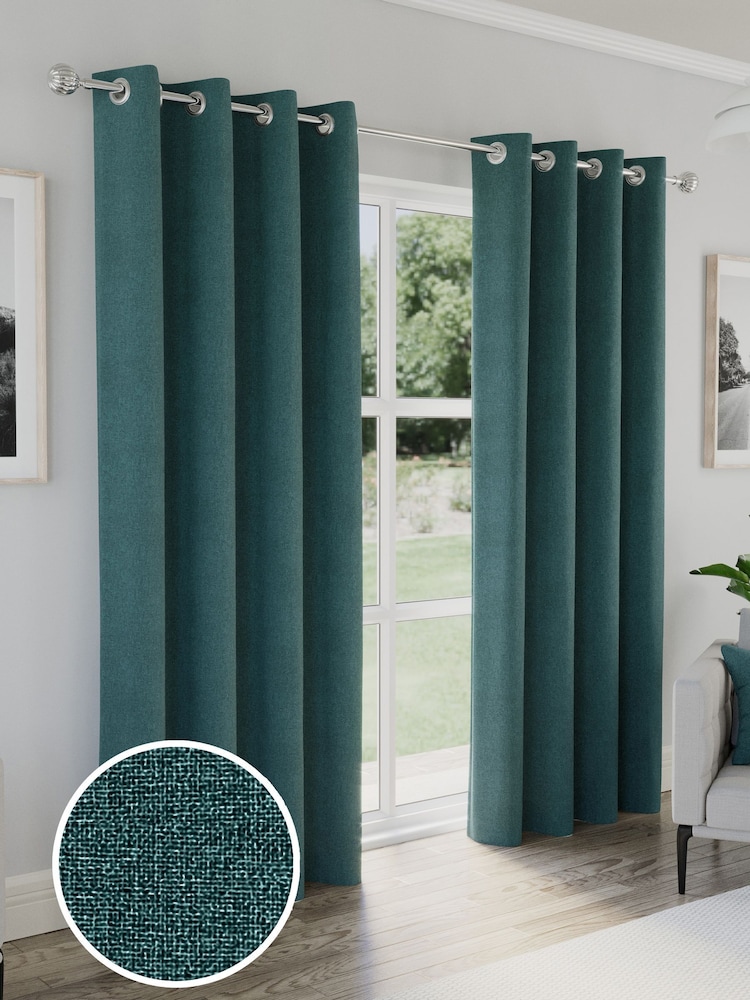 Enhanced Living Teal Austin Blackout Thermal Linen Look Pair of Eyelet Curtains - Image 1 of 5