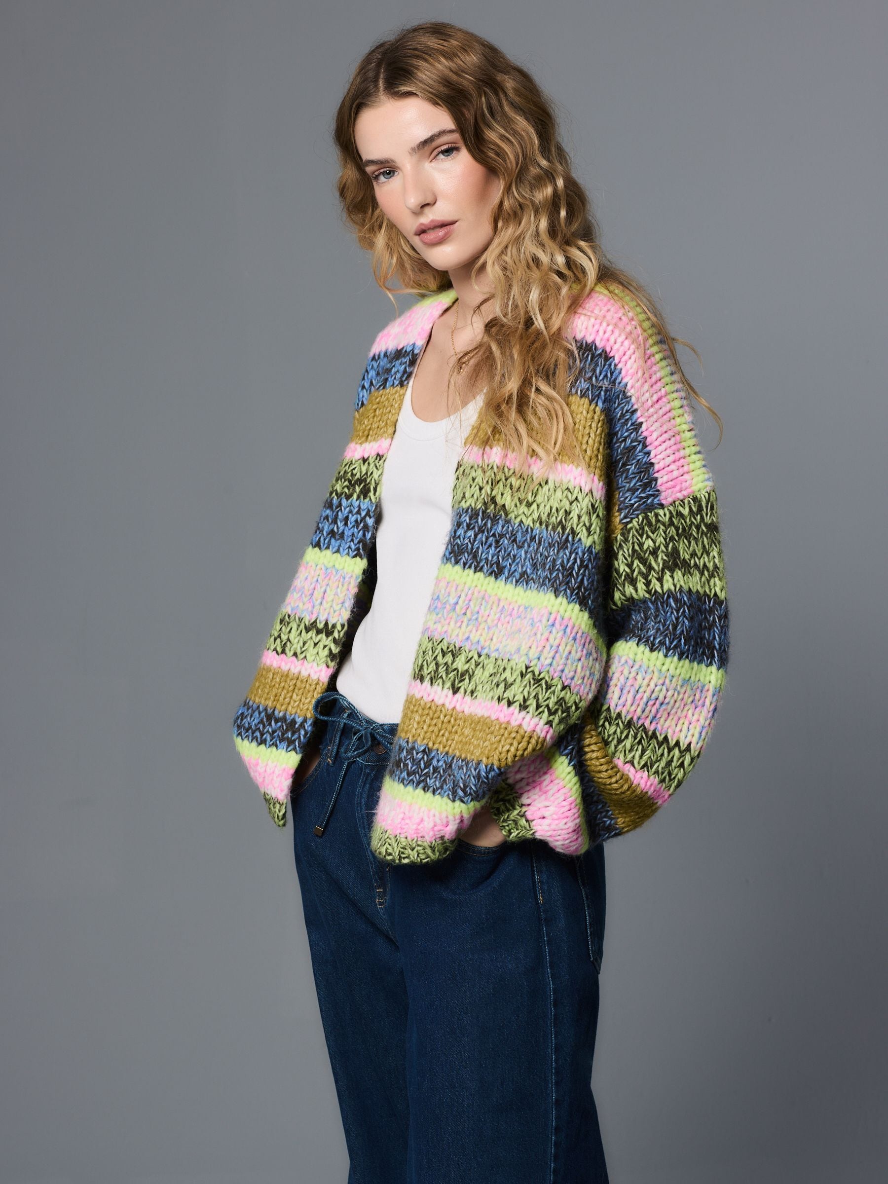 Buy Multi Blue/Green Stripe Soft Touch Chunky Knit Cardigan from