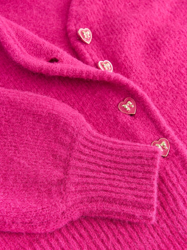 Bright Pink Heart Button Cardigan With Wool - Image 3 of 3 Bright Pink Heart Button Cardigan With Wool - Image 3 of 3